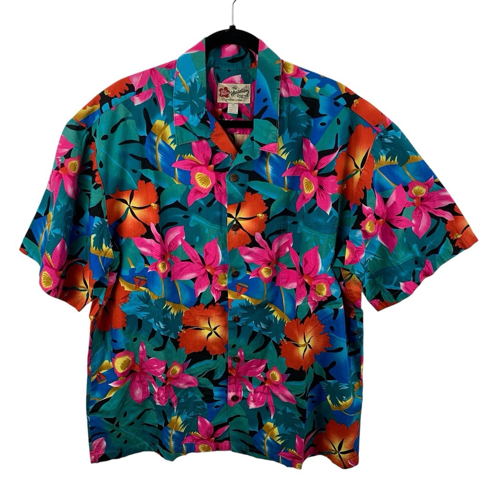 Vintage Hilo Hattie Hawaiian Aloha Shirt Men’s XL Hibiscus Floral Print Orchid